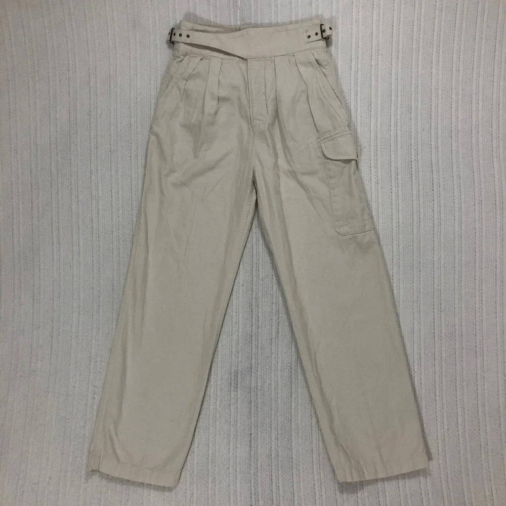 Banana Republic Cream Cotton Linen High Waist Cargo Pants Buckle Detail Size 2